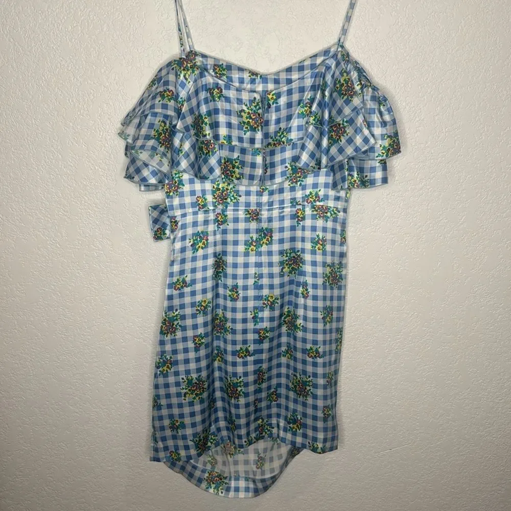 New ALESSANDRA RICH Off-Shoulder Floral Dress Medium Blue Gingham IT40/Small - Picture 6 of 16